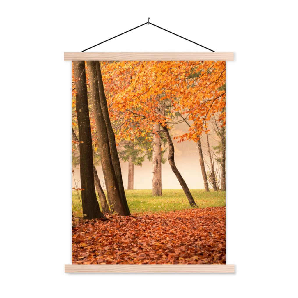 MuchoWow Textilposter Blätter - Herbst - Wald 120x160 cm mit holzfarbenen Rahmen - Plakatkarton