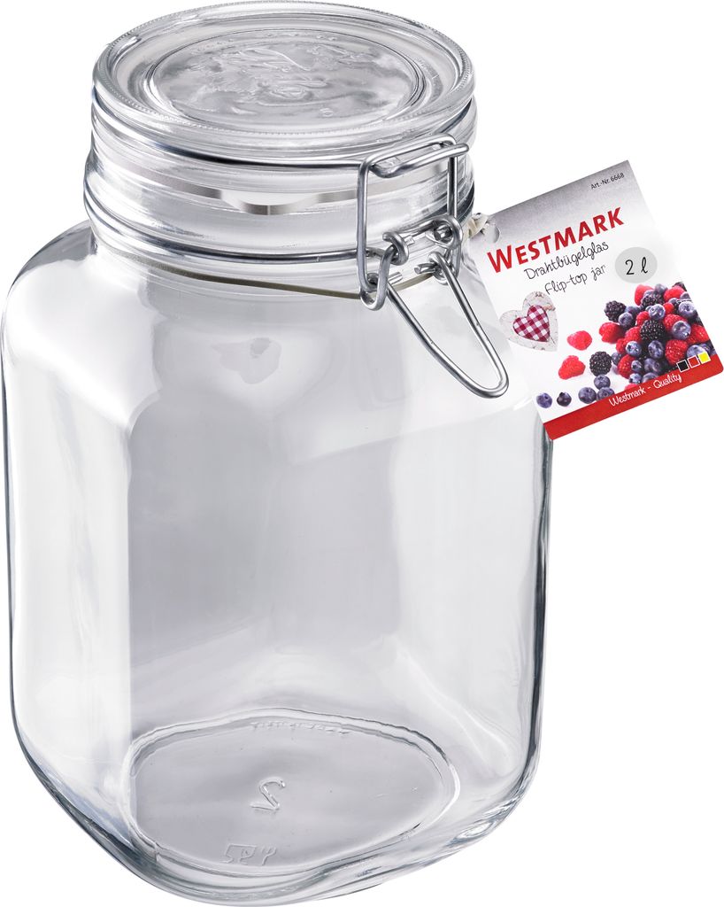 A clear glass jar with a flip-top lid and a label attached to the metal clasp.