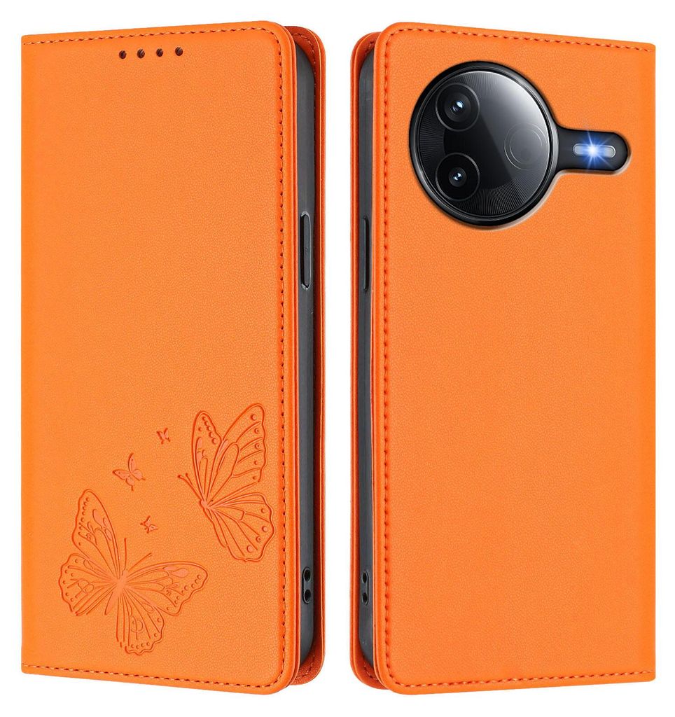 Lederhülle für Xiaomi Poco F7 Pro/F7 Ultra, Schmetterling Prägung Leder Brieftasche Schutzhülle mit Ständer Orange