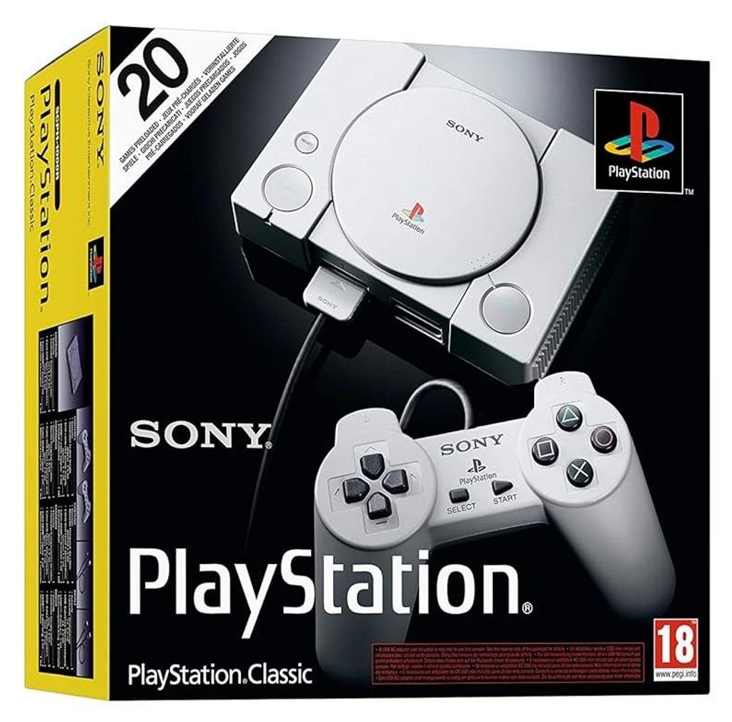 The image shows the packaging of a Sony PlayStation Classic console and controller.