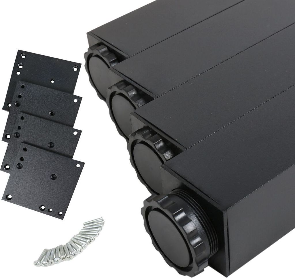 A set of four black, square table legs with adjustable feet, along with mounting plates and screws, are displayed against a white background.