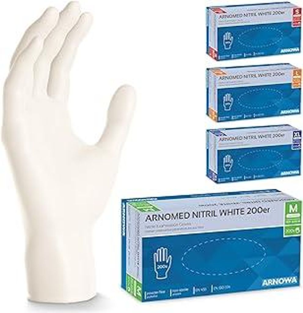 200x ARNOMED Einweghandschuhe Weiß, Einmalhandschuhe M, Handschuhe Einweg 200 Stück/Box, Gummihandschuhe puderfrei, latexfreie Nitrilhandschuhe i...