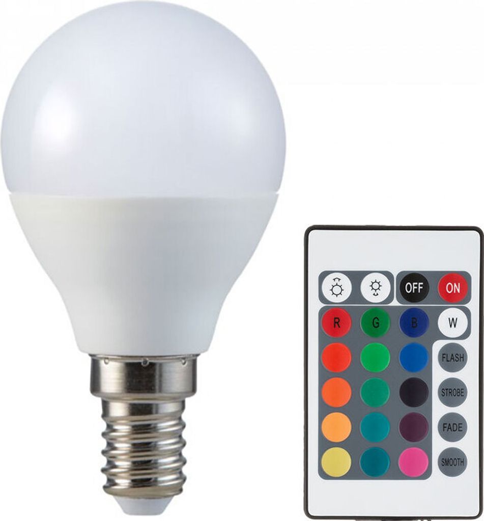 A white LED light bulb and a remote control are shown against a white background.