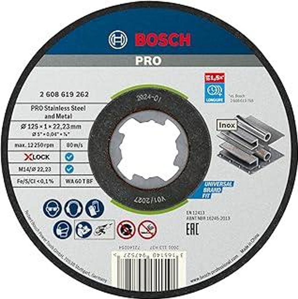 Bosch Professional 10 Stück gerade Trennscheibe Standard (für Inox, X-LOCK, Ø125 mm, BohrungsØ: 22,23 mm, Dicke:1 mm), Ø 125 mm