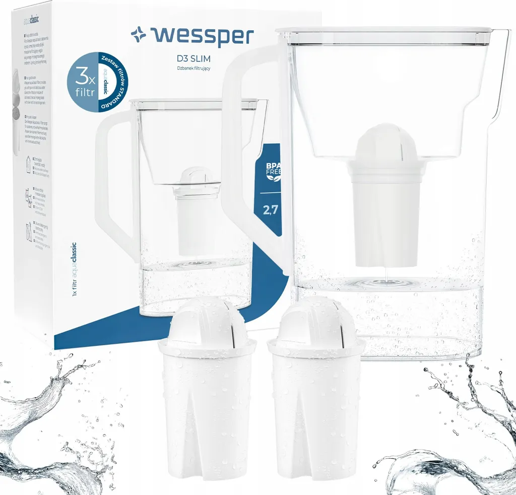 Wessper D3 Slim AquaClassic Caraffa filtrante 2,7 L bianca – Caraffa da frigorifero incl. 3 cartucce filtranti AquaClassic