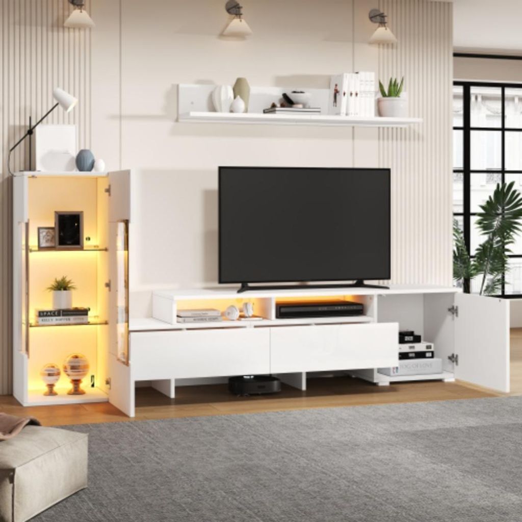 TV Wohnwand Set 3-teilig,TV Wohnzimmermöbel-Set mit LED, modernes TV-Schrank,stehend und hängend, Glastrennwand, Weiß