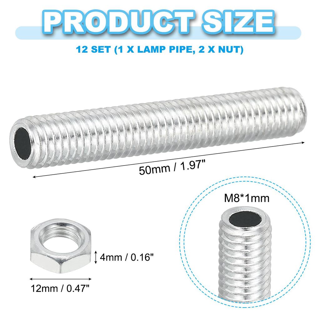Lampenstiel M8 Fngewinde aus Rohr-Lampen-Stiel-Set Lampenrohr mit Mutter, 12 Stš¹ck 50mm/1,97" Hohles Rohrgewindeadapter fš¹r Deckenleuchte DIY...