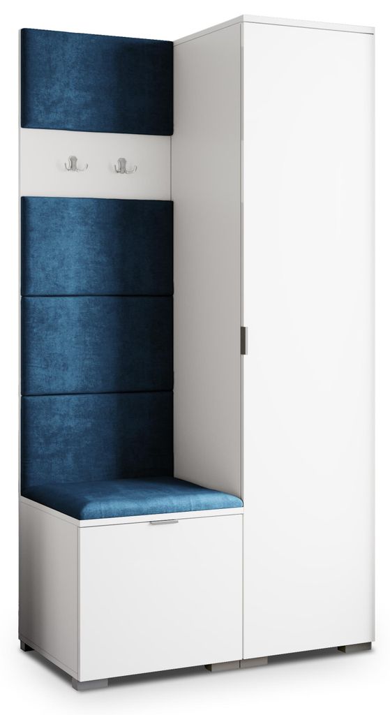 Masseno Garderobe-Set LORI 95/181/51 cm Modern Garderobenschrank Weiß, Veloursstoff MONOLITH 77 (Blau)