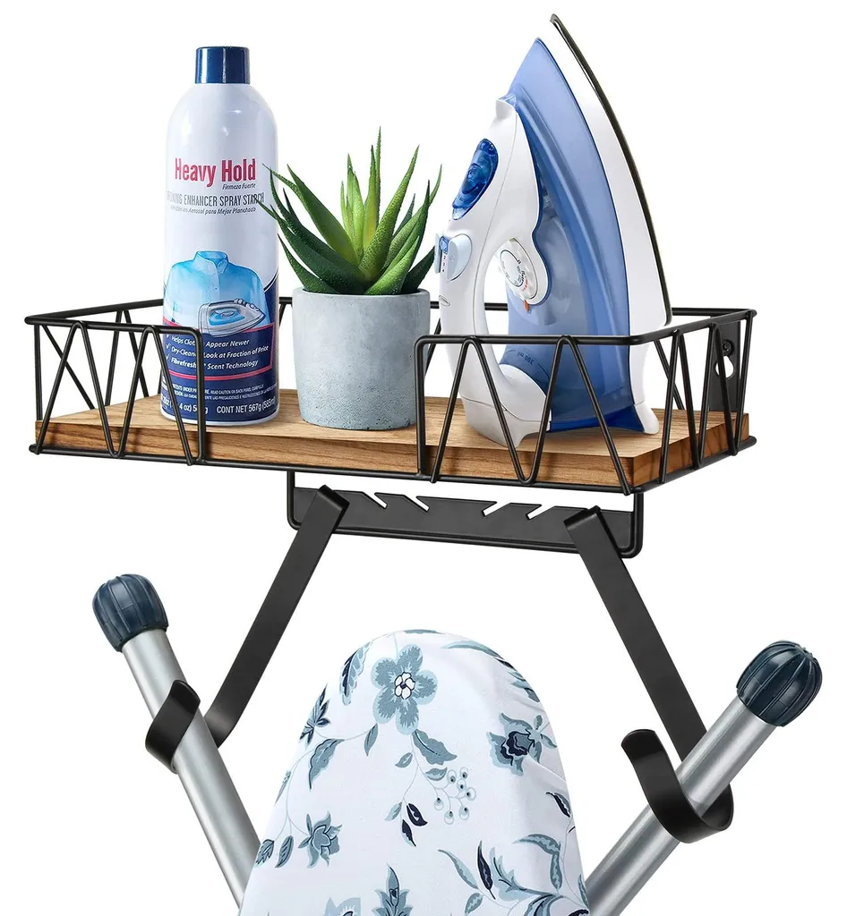 Support mural table à repasser avec panier bois et crochets pieds T ou Y