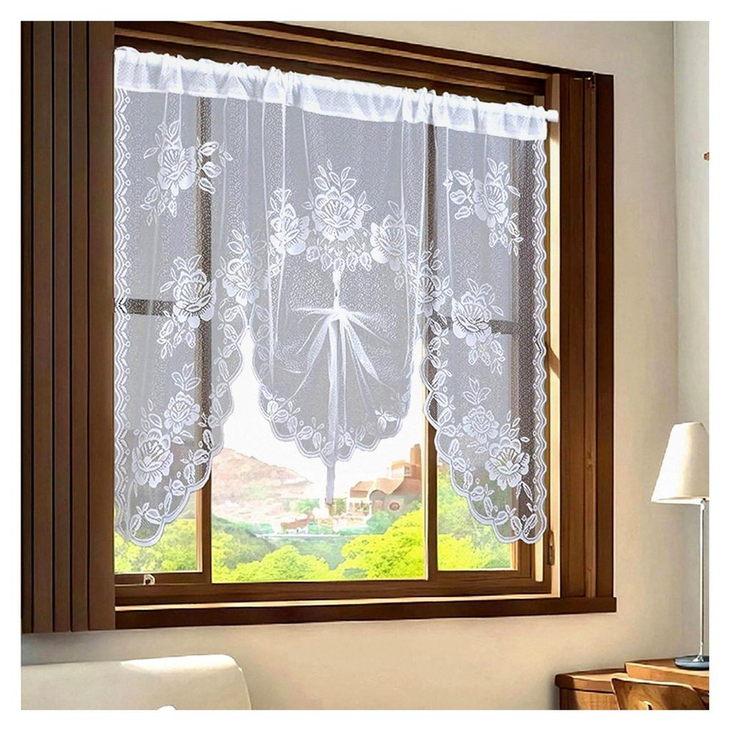 Scheibengardine Küche (100x150cm) – Halbtransparent mit Blumen- und Blätter-Stickerei, Voile, M-Bogen, Stangendurchzug, Polyester, Weiß – La...