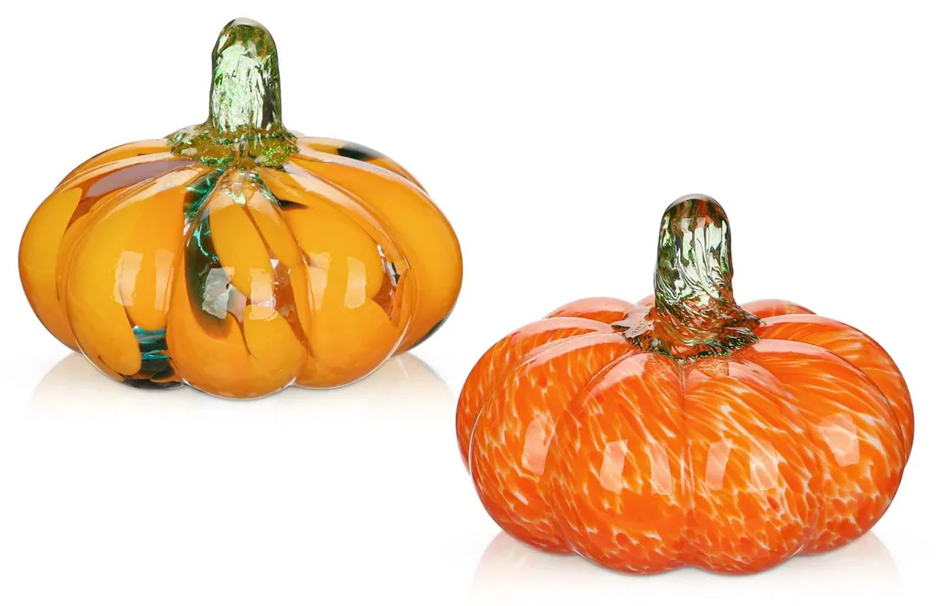 Citrouilles en verre fait main - Lot de 2 décorations d'automne artisanales