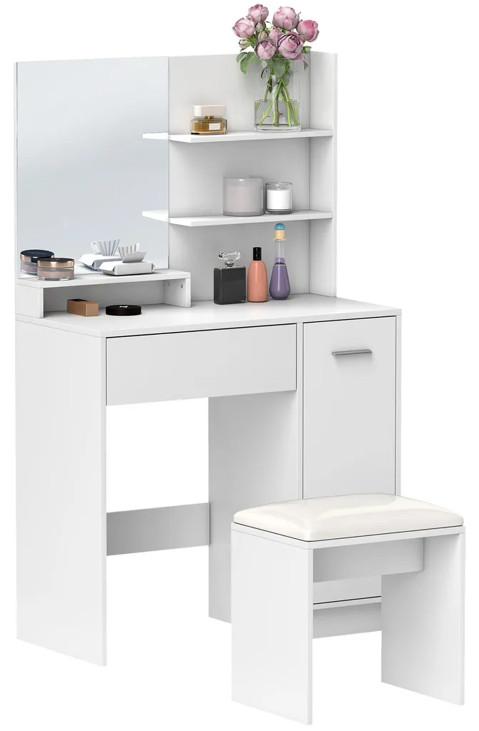 Coiffeuse moderne pour routine beauté, grand miroir et assise confortable