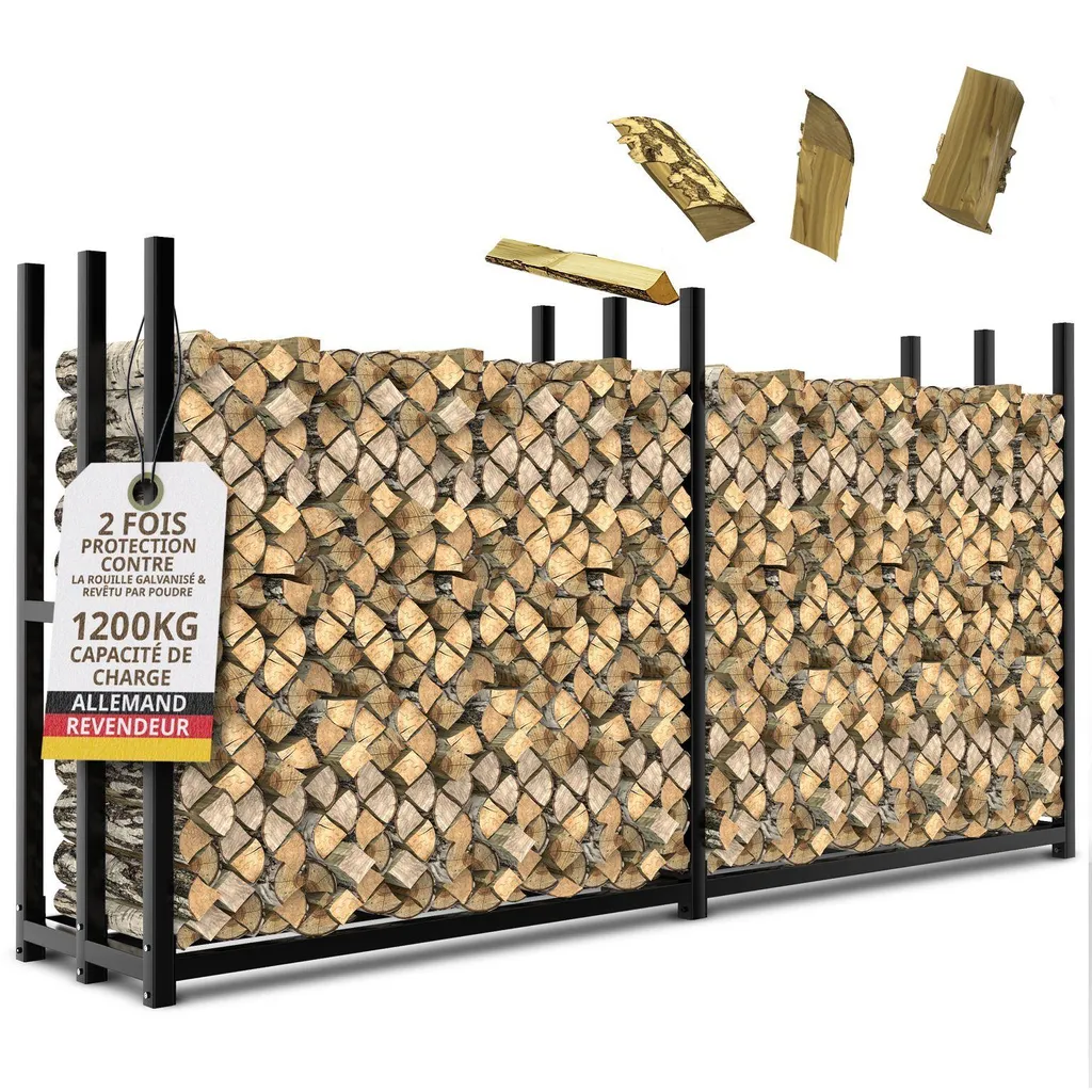 Rack à bois extérieur en métal noir 223x115cm pour bûches de 25cm