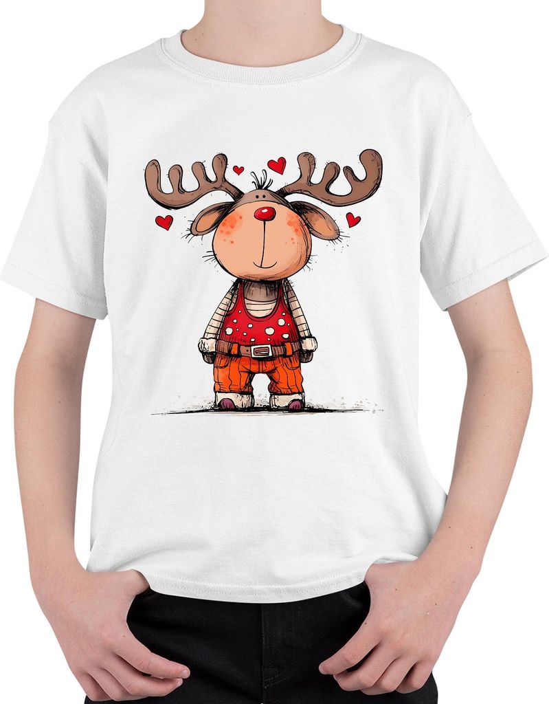 Niedliches Rentier rote Nase Herzen Weihnachten Geschenk Cartoon Uni Kinder T-Shirt, Weiß, 152