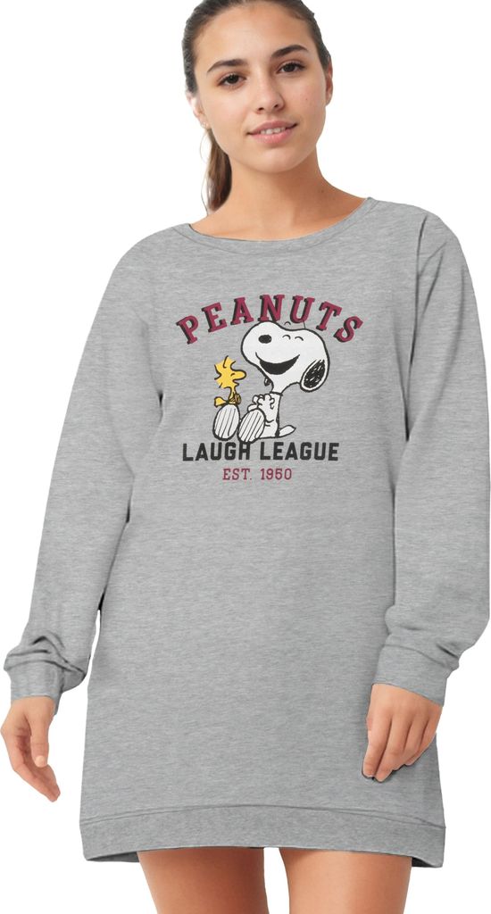 The Peanuts Snoopy Nachthemd für Damen - Laugh League Schlafshirt Pyjama Langarm Oberteil Grau M