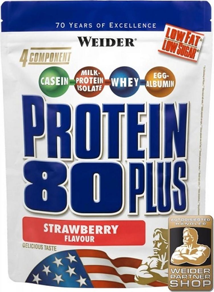 A pouch of Weider Protein 80 Plus strawberry flavor.