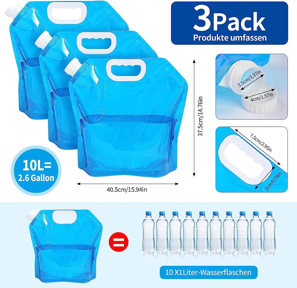 Relaxdays Wasserkanister 4er Set, 5 l, faltbar, Wasserbehälter mit Zapfhahn  & Griff, Camping Kanister, transparent/blau