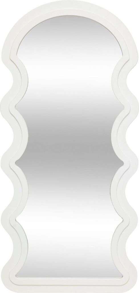 A full-length mirror with a white, wavy frame.
