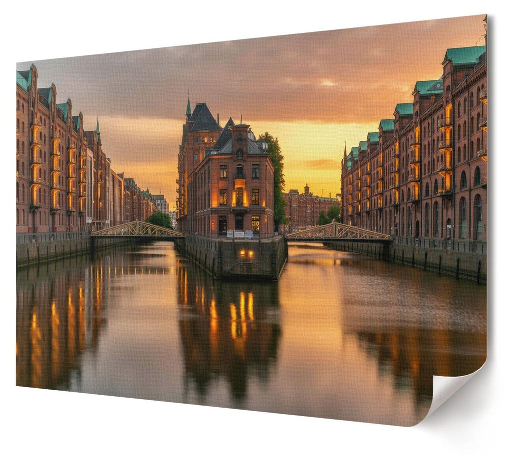 Abendkanal - Kunstdruck A4 - Fotografie- Wandbild für Wohnzimmer Schlafzimmer & Flur, Modernes Poster Wanddeko, Ungerahmt