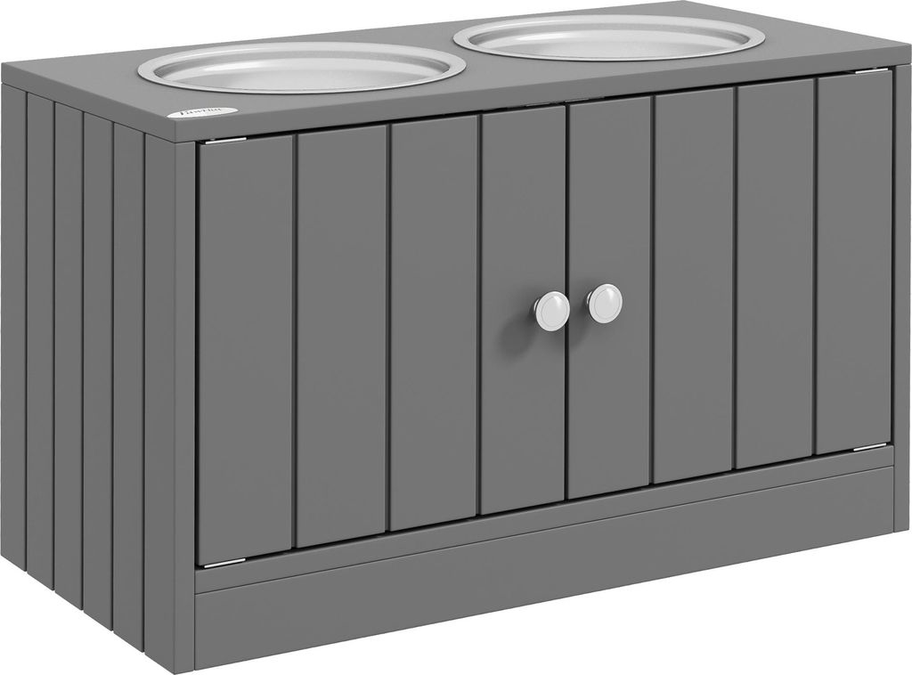 Erhöhte Hunde-Futterstation mit Magnettüren, 44L Stauraum, 2 Edelstahlschüsseln, Grau, für große Hunde