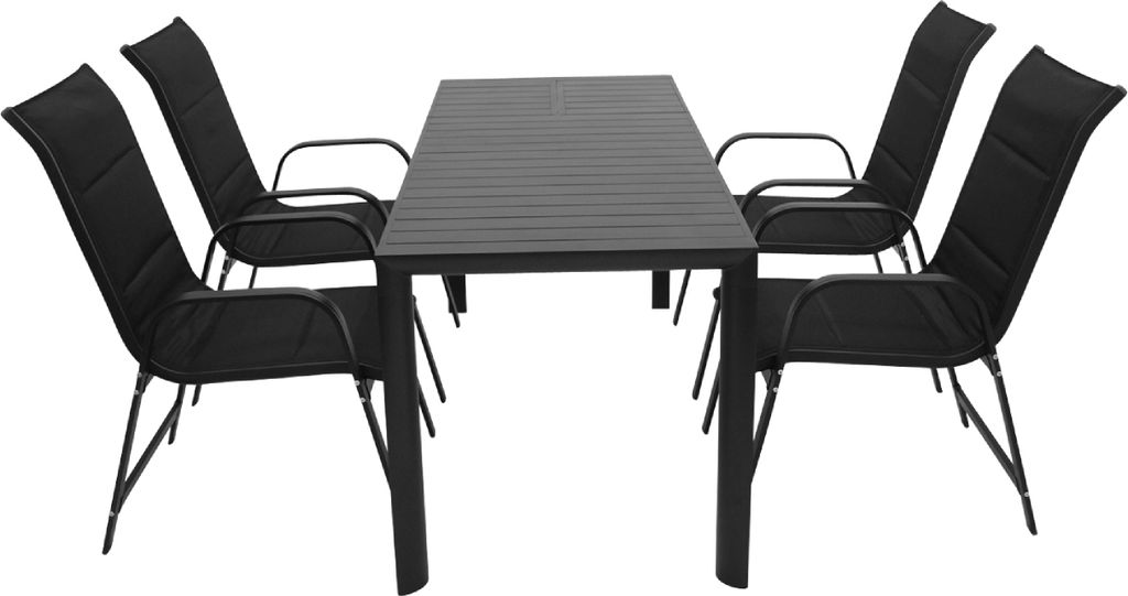 TPFGarden GARTEN-GARNITUR Ashford - 5-teilige Garten-Essgruppe (4x Stapelsessel Hochlehner Aluminium dunkelgrau + Textilgewebe gepolstert schwarz, ...