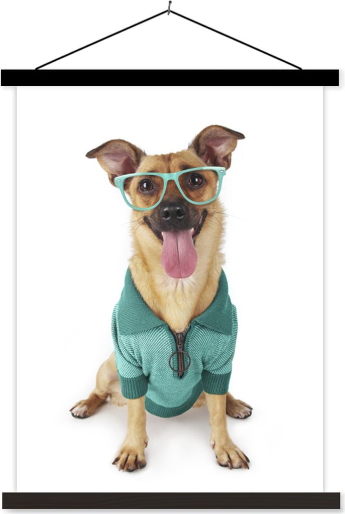 MuchoWow Textilposter Hund - Brille - Hemd - Hipster 120x160 cm mit schwarzem Rahmen - Magnetischer
