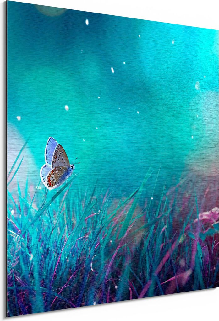 DEQORI Alu-Dibond Bild Silber 50x50 cm 'Märchenhafte Wiese' Wandbild Metall dünn Design