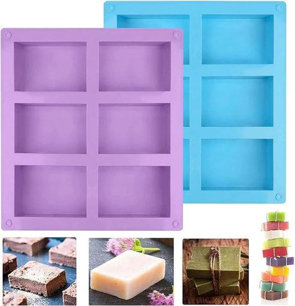Moule à savon en silicone 2 pièces bleu et violet à 6 cavités rectangles
