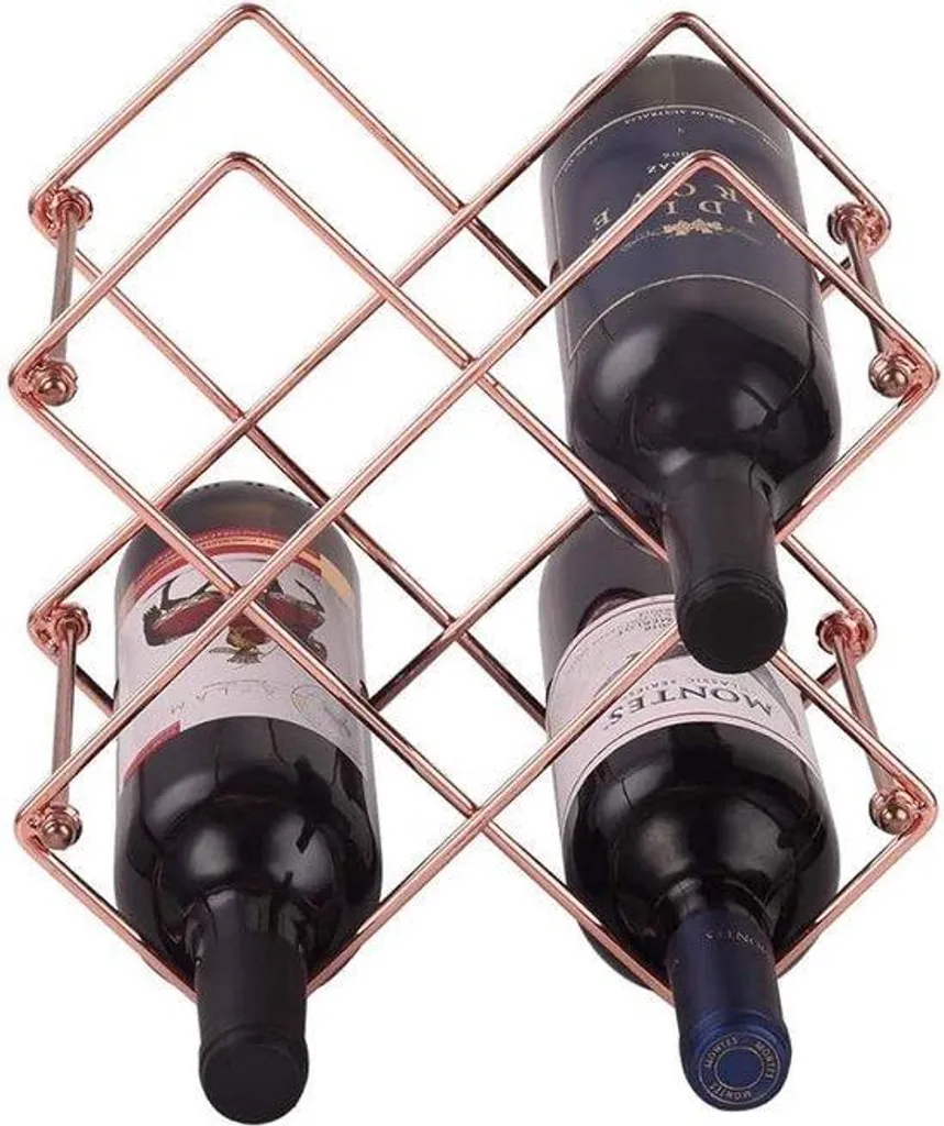 Porte-bouteille robuste en métal rose, format compact pour 6 vins fins