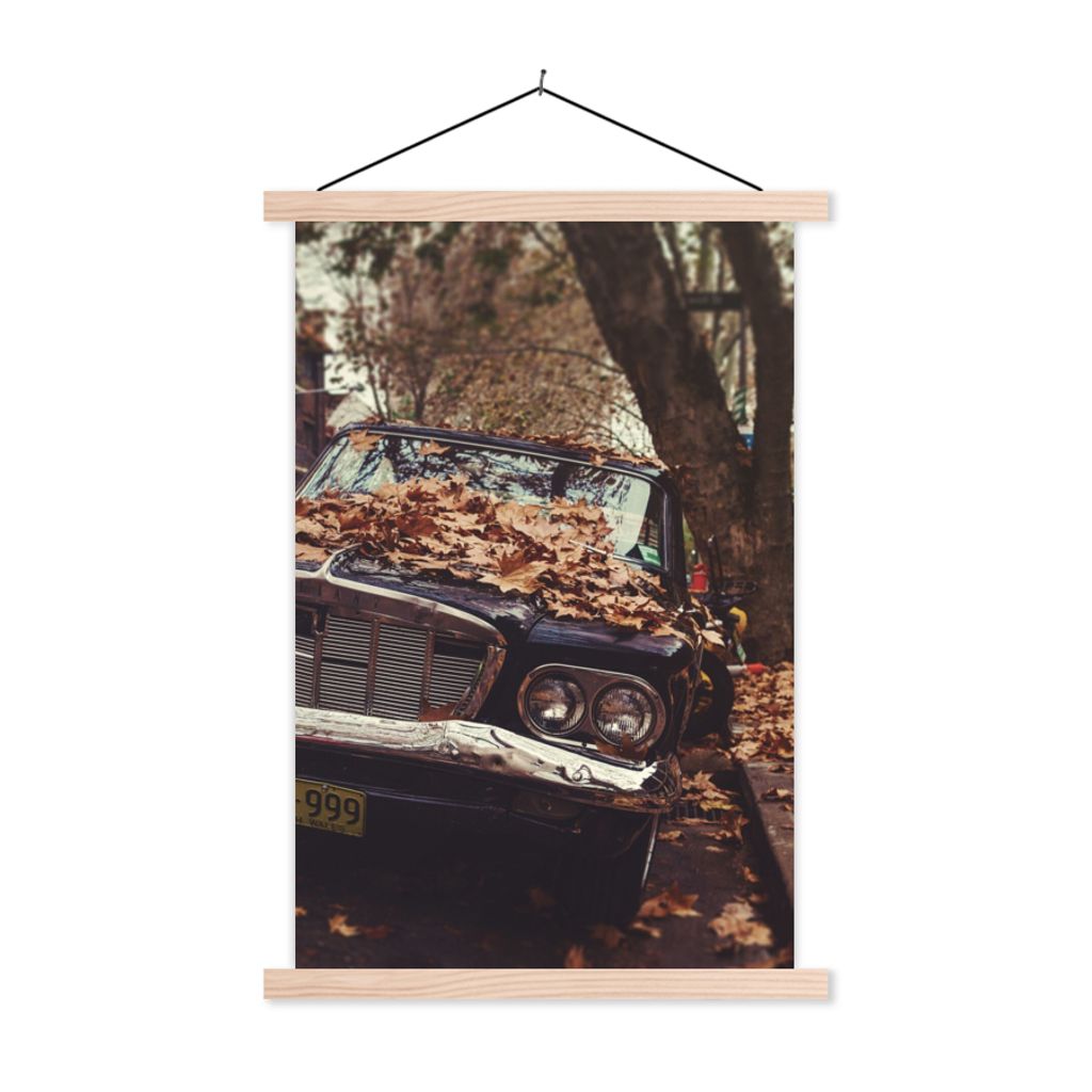 MuchoWow Textilposter Auto - Herbstblätter - Landleben 120x180 cm mit holzfarbenen Rahmen - Textil-Plakat