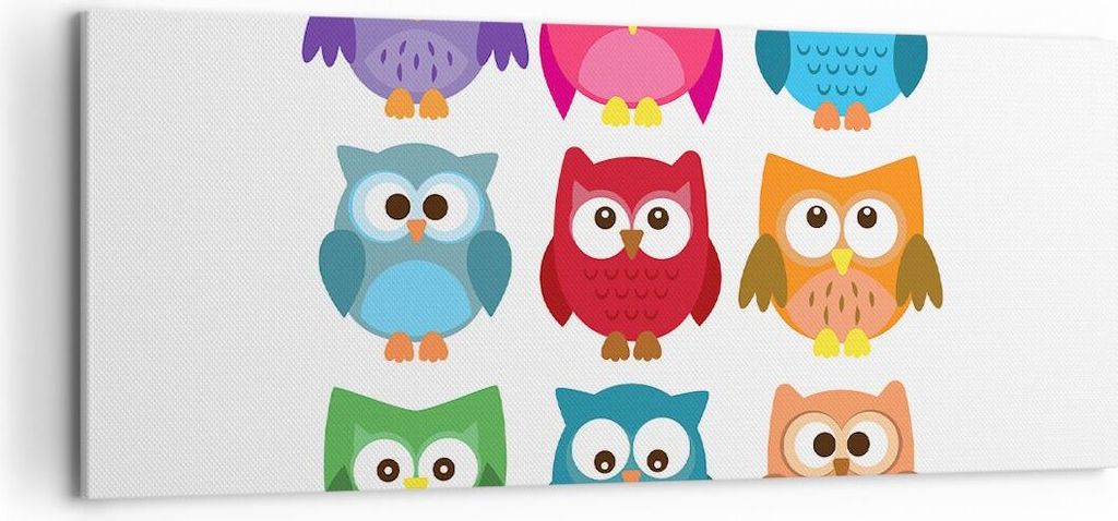 Bild auf Leinwand - Leinwandbild - Eulen Bunt Kinder Zeichnung - 120x50cm - Wand Bild - Wanddeko - Leinwanddruck - Bilder - Kunstdruck - Wanddekora...