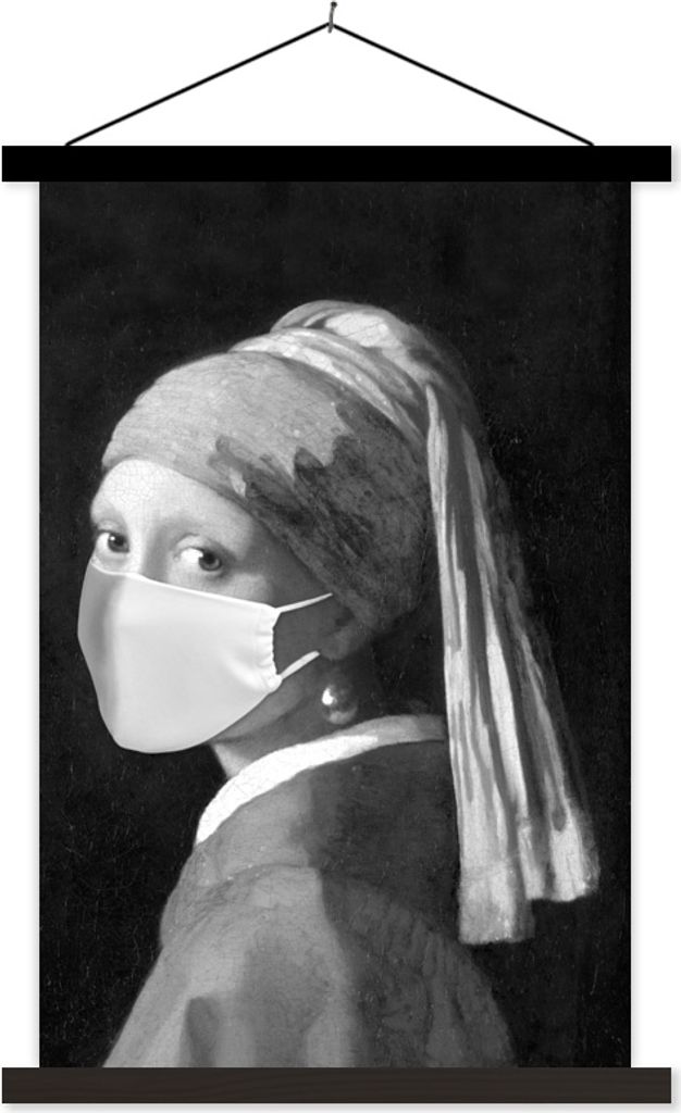 MuchoWow Textilposter Das Mädchen mit dem Perlenohrring und der weißen Mundhaube - Gemälde von Johannes Vermeer - schwarz-weiß 60x90 cm mit s...