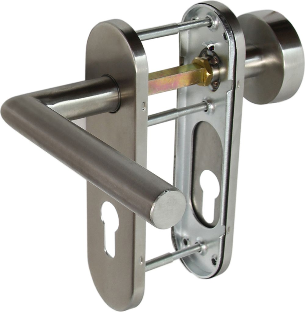 A close-up view of a stainless steel door handle set, showing its internal mechanism and keyhole.
