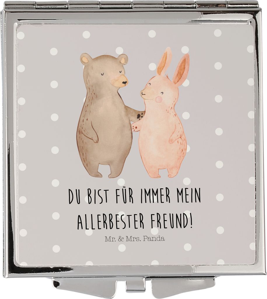 Mr. & Mrs. Panda Schminkspiegel Bär und Hase Umarmen - Grau Pastell - Geschenk, Best Friends, Klappbarer Spiegel, Freunde, für Immer, Freundin, T...