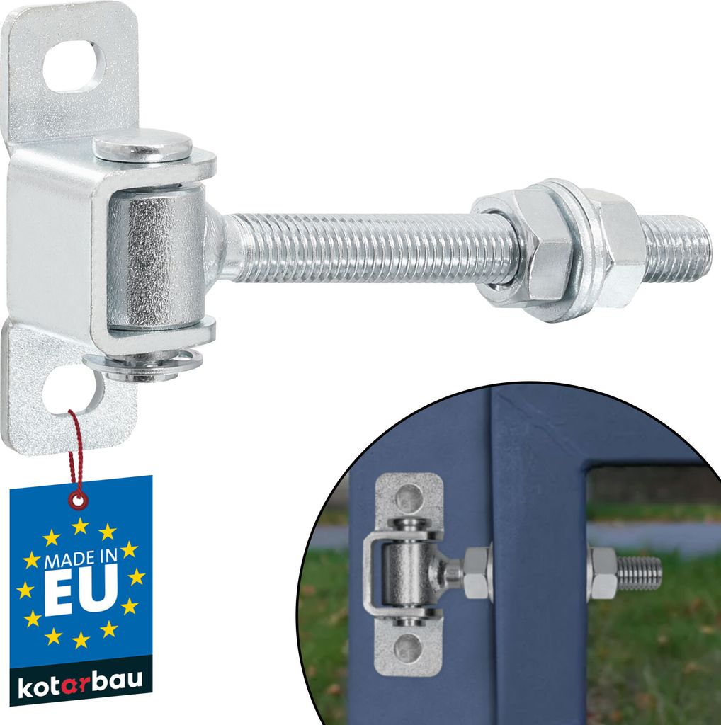 A galvanized adjustable gate hinge with a threaded bolt and nuts, shown both in isolation and attached to a blue gate frame.