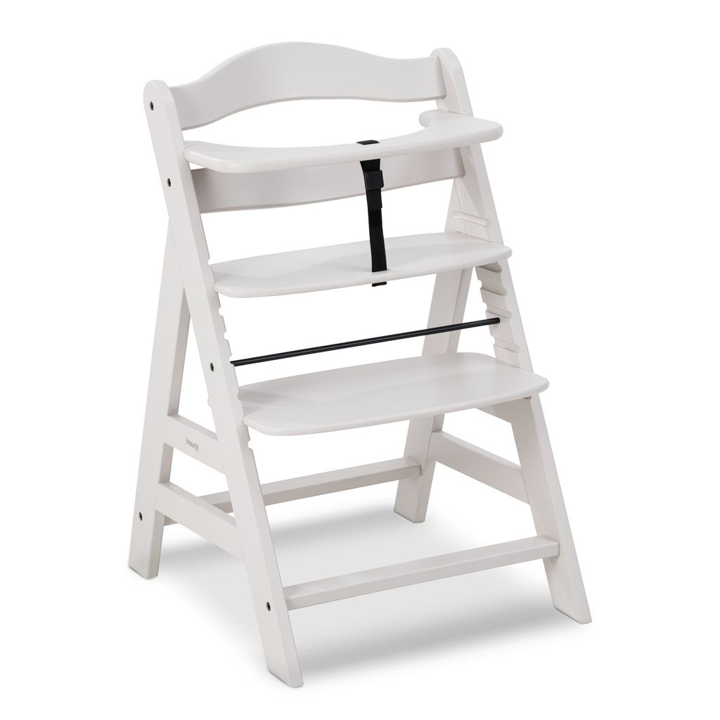 A white wooden high chair is shown against a white background.