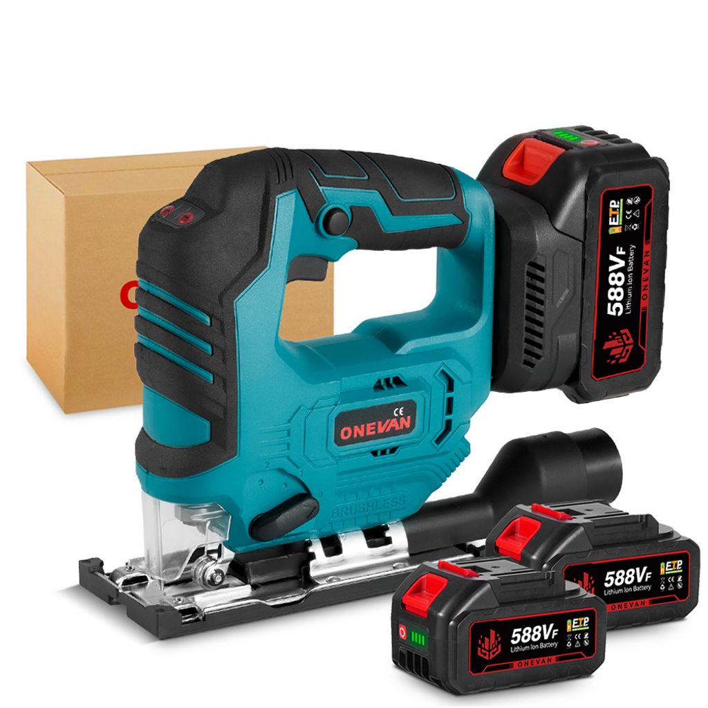 Akku-Stichsäge, Bürstenlos Eektrische Stichsäge mit 2x Akkus, 3500 U/min 5 Variable Geschwindigkeit , LED-Beleuchtung, 0°-45° Gehrungsschnitte