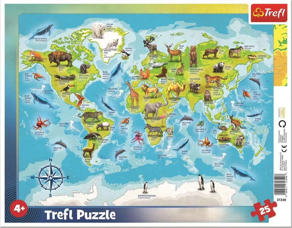 TREFL Puzzle Weltkarte mit Tieren 25 Teile