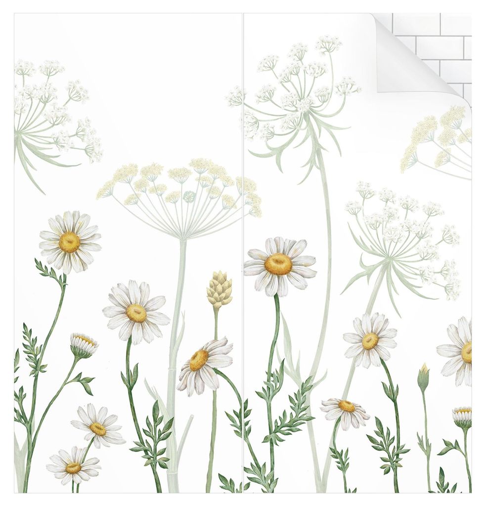 Duschrückwand Blumen selbstklebend - 0.35 mm Wandpaneel wasserfest Blumenwiese weiss Aquarell Badrückwand fugenlos Smart matt 80x200 cm