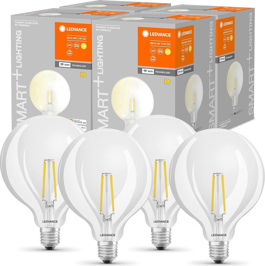 4 x Ledvance LED Smart+ Filament Globe G125 6W = 60W E27 klar 806lm warmweiß 2700K Dimmbar App Google Alexa WiFi