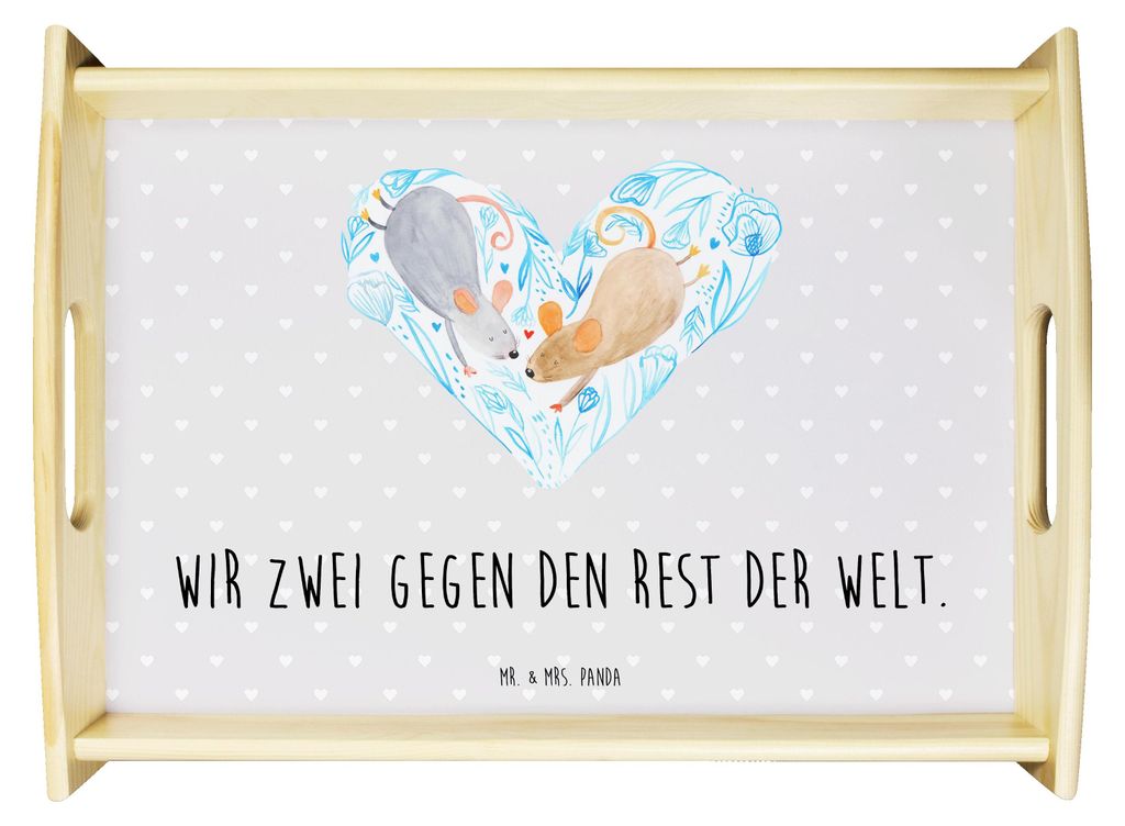 Mr. & Mrs. Panda Servier Tablett Mäuse Herz - Grau Pastell - Geschenk, Liebesspruch, essenstablett, Love, Sofa, für Immer, Holztablett, zum servi...