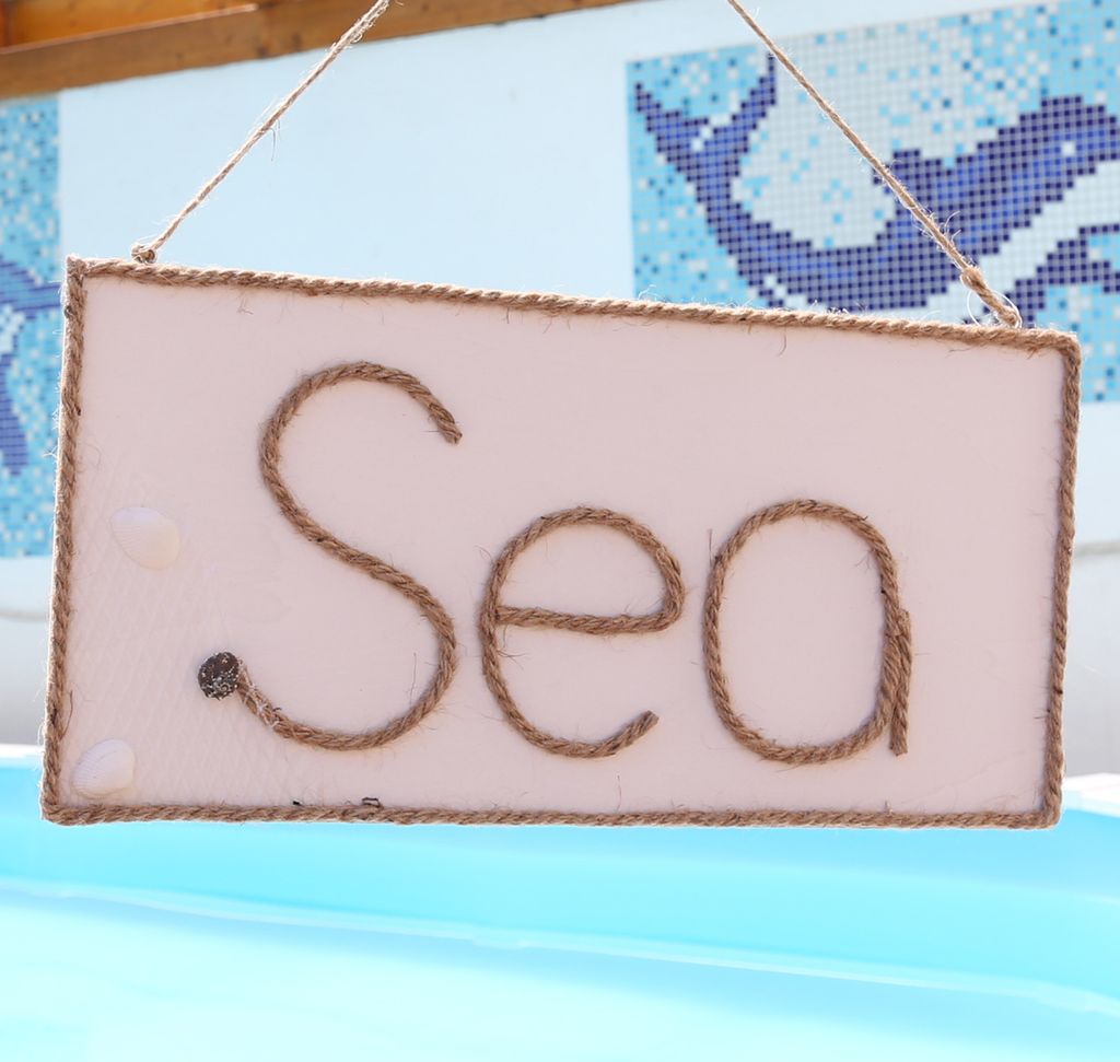 Wandschild SEA - Holzschild - Wanddeko - Schriftzug aus Juteseil - Seilhalterung - H: 20cm