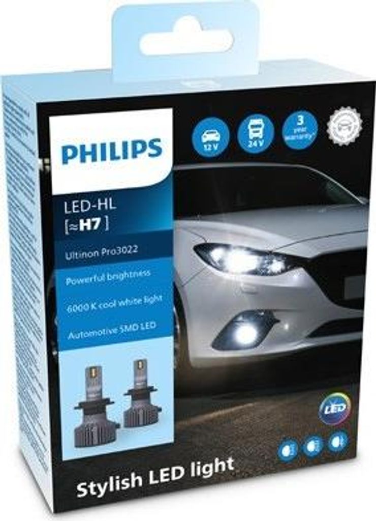 The image shows the packaging of Philips LED car headlights.