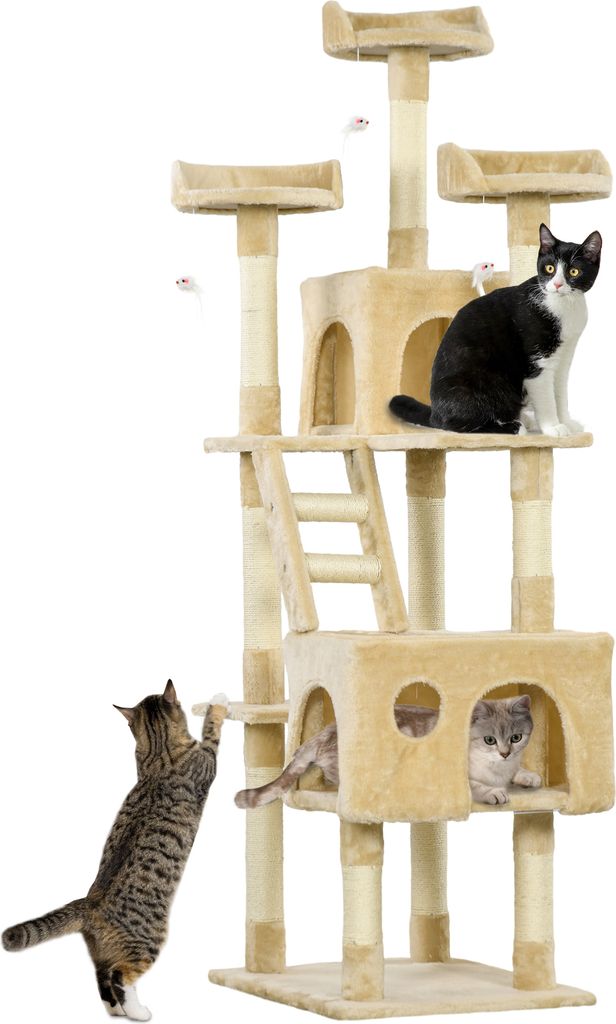 PawHut Großer Kratzbaum für Katzen, 60 x 50 x 181 cm, mit Kratzbaum, mehreren Plattformen, Treppen, Höhlen, Spielzeug, Aktivitätscenter, Beige