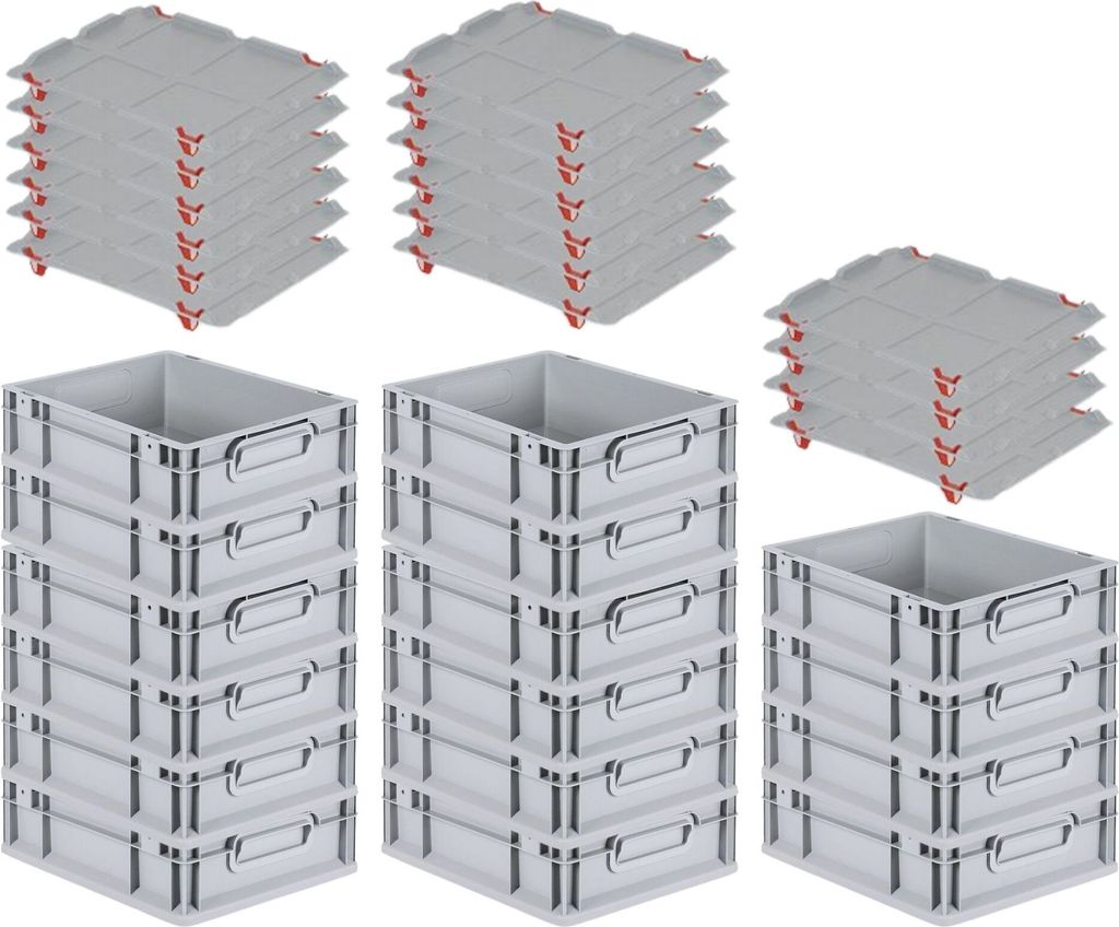 SuperSparSet 16x Eurobox NextGen Economy mit Auflagedeckel und 4x Schiebeschnappverschlüsse Rot | Griffe geschlossen | HxBxT 12x30x40cm | 11 Liter...