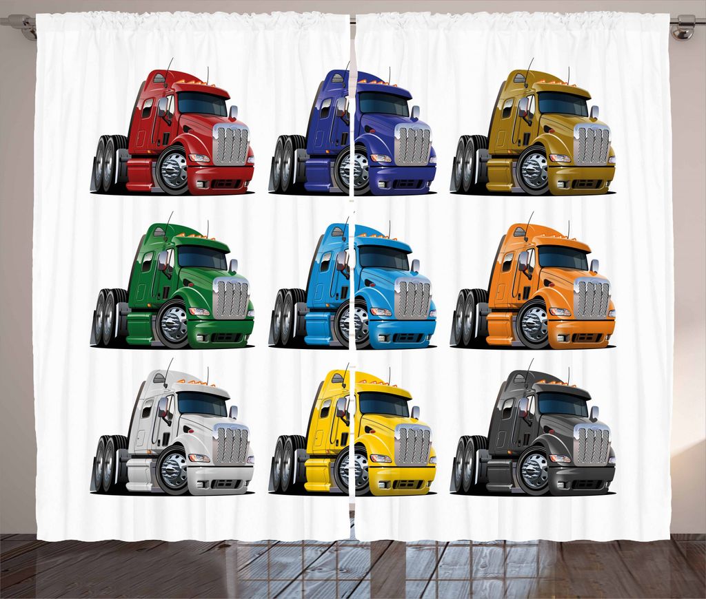 ABAKUHAUS LKW Rustikaler Gardine, Bunte Transport, Schlafzimmer Kräuselband Vorhang mit Schlaufen und Haken, 280 x 245 cm, Mehrfarbig