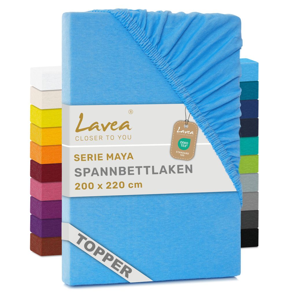Lavea Topper Spannbettlaken 200x220 cm Maya Jersey, Bettlaken 100% Baumwolle, Bettbezug Matratzen bis 10 cm, Spannbettücher, Himmelblau