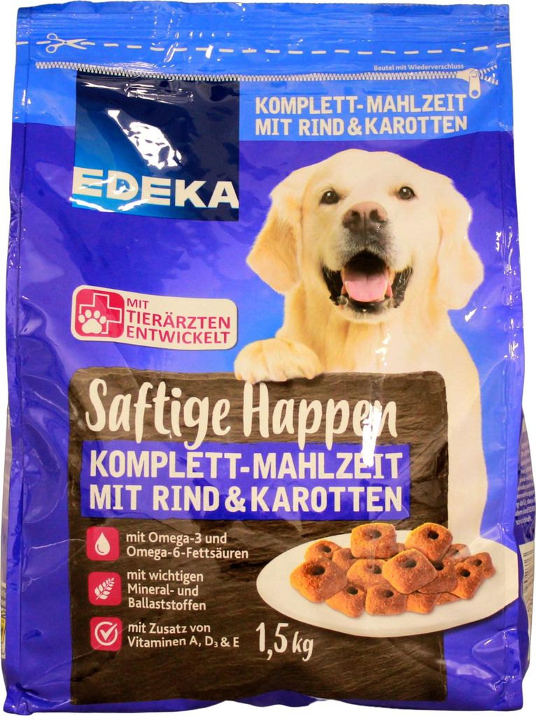 A bag of dog food with a picture of a golden retriever and kibble.