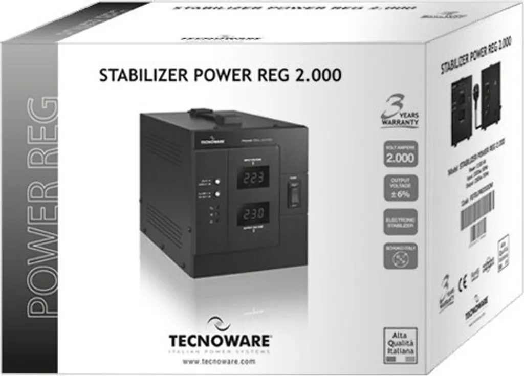 Régulateur Tecnoware Power Reg 2000VA avec 2 Sorties AC et Design Noir