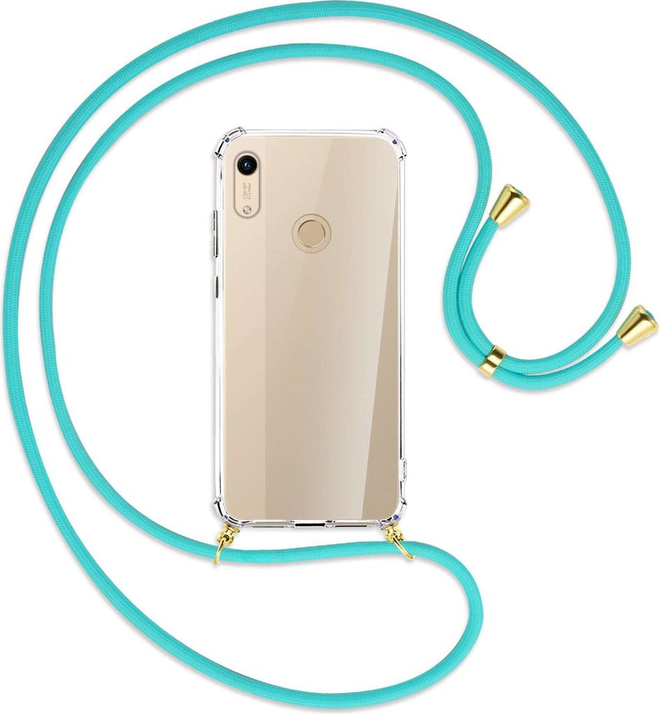 Handykette Backcover-Schutzhülle mit Band (Metall goldfarben) für Honor 8A / Huawei Y6s 2019 - türkis